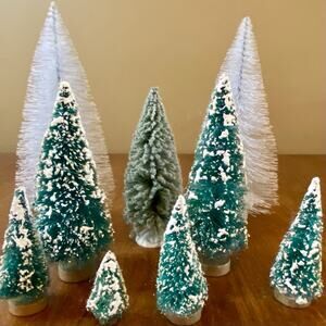 Vintage Flocked Christmas Trees Bottle Brush Snow White Inarco Lemax Village